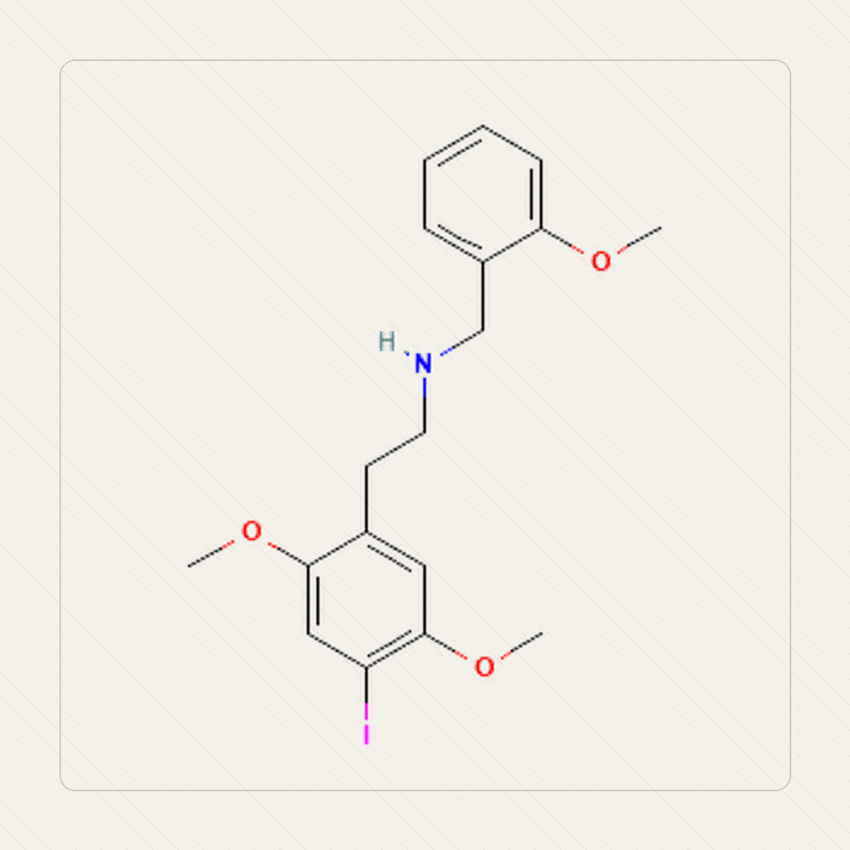 25I-NBOMe 2C-I-NBOMe, ilustração educativa da estrutura molecular